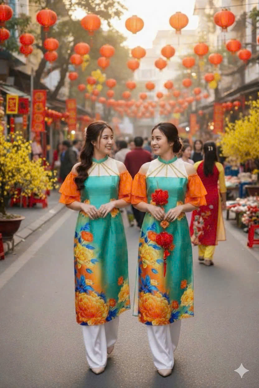 Áo dài cách tân xanh hoa cúc